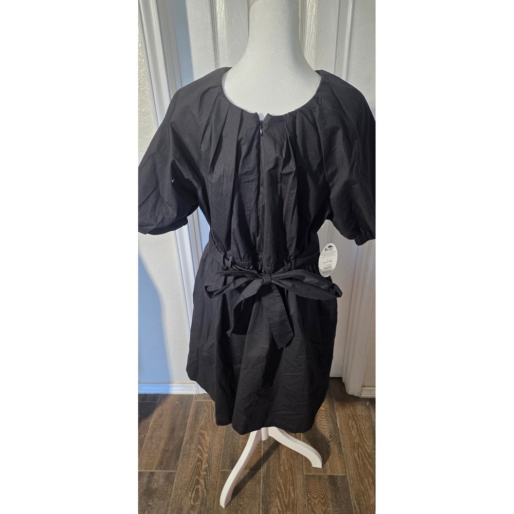 Scoop Black Soot Poplin Belted Dress Puff Sleeve Cotton Midi NWT L 12-14